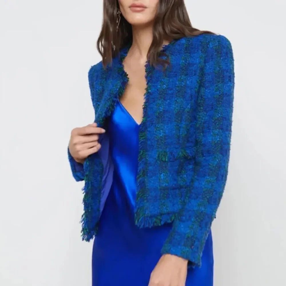 ANGELINA TWEED BLAZER IN POP COBALT GREEN MULTI IN BLUE Sz 14